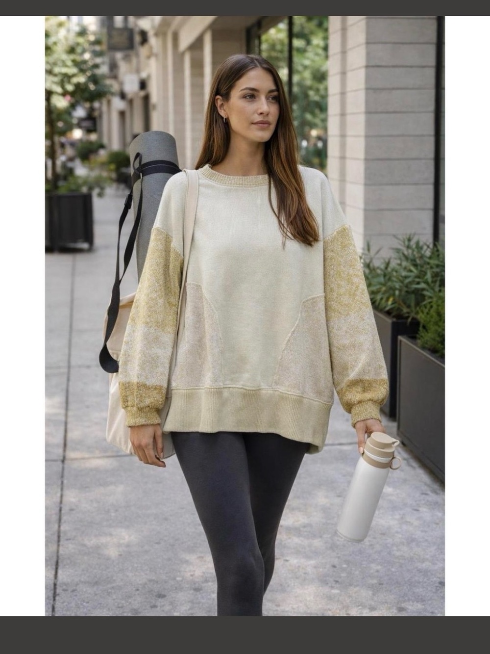 FP Movement by Free People Cream & Beige Blocked Pullover Sweatshirt
